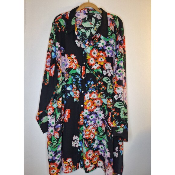 INVESTMENTS Black Floral Button Up Tunic Shirt Women's Plus Sz 2x Mautre - Picture 1 of 7